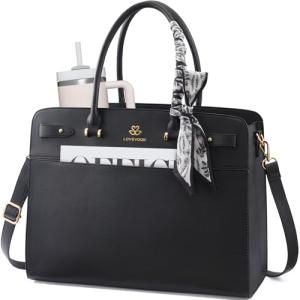 LOVEVOOK Women's Black Leather Laptop Tote Bag