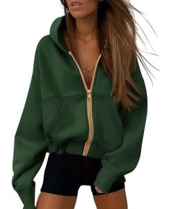 Trendy Dark Green Zip-Up Hoodie for Women