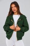Trendy Dark Green Zip-Up Hoodie for Women
