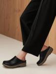 SHIBEVER Women's Black Leather Slip-On Clogs