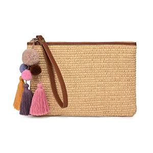 Masien Rauder Straw Wristlet Clutch with Pom Poms