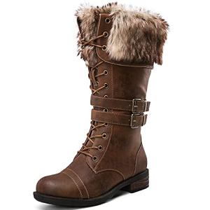 Brown Lace-Up Mid Calf Combat Boots for Women