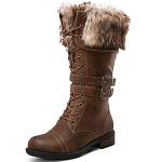 Brown Lace-Up Mid Calf Combat Boots for Women
