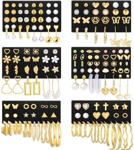Gold Stud Earrings Set: 84 Pairs for Women