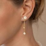 Trendy Pearl Drop Earrings with Gold Flower Design