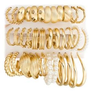 18-Pair Gold Hoop Earrings Set for Women