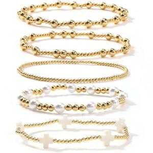 Gold Beaded Cross Bracelet Stack for Women