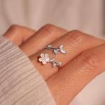 Birthstone Flower Ring for Women - Adjustable Silver