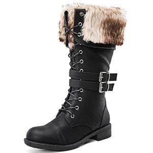 Lace-Up Black Mid Calf Combat Boots for Women