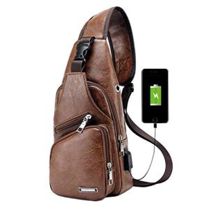 Hebetag Brown PU Leather Sling Bag with USB Port