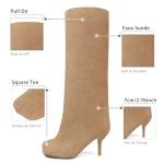 Beige Suede Knee High Stiletto Boots for Women