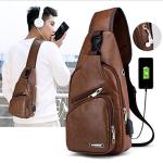 Hebetag Brown PU Leather Sling Bag with USB Port