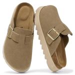 TEMOFON Women's Leather Platform Clogs in Taupe