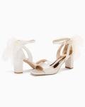 Coutgo Beige Bow Tie Chunky Heeled Sandals