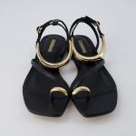 CUSHIONAIRE Women's Black Flat Sandals with Gold Accents