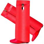 Red Pointy Pull-On Wedge Knee Boots for Women