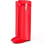 Red Pointy Pull-On Wedge Knee Boots for Women