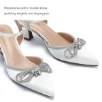 DOBOLIN Wide Width Kitten Heels for Women Sexy Rhinestone Bow Pointed Closed Toe Pumps Ankle Strap Wedding Bridal Party Dress Shoes White, US Size 8