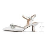 DOBOLIN Wide Width Kitten Heels for Women Sexy Rhinestone Bow Pointed Closed Toe Pumps Ankle Strap Wedding Bridal Party Dress Shoes White, US Size 8