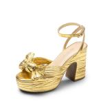DREAM PAIRS Women's Chunky Platform Heels Sandals Pleated Bow Knot Ankle Buckle Strap Heeled Sandals Open Toe Comfortable Wedding Party Dress Shoes,Size 7.5,GOLD,SDHS2415W
