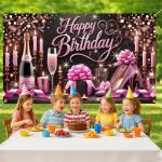 Happy Birthday Backdrop Banner 70.8 x 43.3 Inch, Rose Gold Champagne High Heel Glitter Elegant Party Decorations for Women, Luxury Ladies Photo Booth Background with Hanging Rope