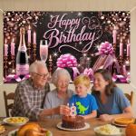 Happy Birthday Backdrop Banner 70.8 x 43.3 Inch, Rose Gold Champagne High Heel Glitter Elegant Party Decorations for Women, Luxury Ladies Photo Booth Background with Hanging Rope