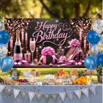 Happy Birthday Backdrop Banner 70.8 x 43.3 Inch, Rose Gold Champagne High Heel Glitter Elegant Party Decorations for Women, Luxury Ladies Photo Booth Background with Hanging Rope