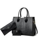 KingTo Women's Bag 3 Pcs Set Luxury Crocodile Pattern Tote Handbag Vegan Leather Wallet Card Top Handle Satchel Purse Set (Black)