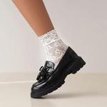 British Style Women's Fashion Loafers, Patent Leather Tassel Loafers, Black Thick-Soled Loafers, Slip-on Thick-Soled Loafers, Simple Casual Flat Shoes,002black,size7.5…