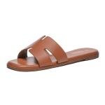 Rihero Women's Dressy Flat Sandals Comfortable Slip On Leather Slide Brown Sandals Size 9