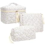 PAZIMIIK 3PCS Makeup Bag SET Large Travel Quilted Zipper Soft Cosmetic Case Pouch for Women Girls Make Up,Floral Purple