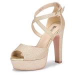 IDIFU Women's Platform Strappy Chunky High Heels Dress Sandals Peep Toe Wedding Party Evening Shoes for Women Bride (Gold Shiny, 7 M US)