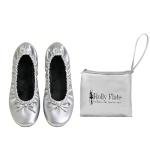 Women's Foldable Ballet Flats – Portable Flat Shoes for Travel and Wedding that Fit in Your Purse (L, Silver)
