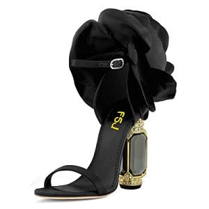 FSJ Black Flower Chunky Heeled Ankle Strap Sandals