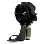 FSJ Black Flower Chunky Heeled Ankle Strap Sandals