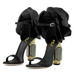 FSJ Black Flower Chunky Heeled Ankle Strap Sandals