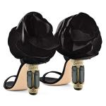 FSJ Black Flower Chunky Heeled Ankle Strap Sandals