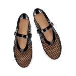DOEYG Black Mesh Ballet Flats with Buckle Strap