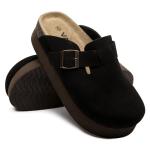 Vayfio Women's Black Suede Comfort Platform Mules