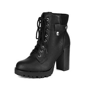 DREAM PAIRS Black Lace-Up Chunky Heel Ankle Boots