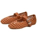 Bouwno Woven Mary Jane Flats for Women Mesh Ballet Flats Dressy Comfortable Ballerina Flat with Round Toe Adjustable Buckle Strap Brown