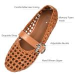 Bouwno Woven Mary Jane Flats for Women Mesh Ballet Flats Dressy Comfortable Ballerina Flat with Round Toe Adjustable Buckle Strap Brown