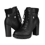 DREAM PAIRS Black Lace-Up Chunky Heel Ankle Boots