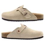 Brelzo Calvior Women's Suede Clogs Men's Slip-On Mules Non-Slip Potato Shoes Arch Support Sandals with Adjustable Buckle for Indoor & Outdoor Use Tan