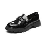 Vera Creation Women's Chunky Platform Loafers with Buckle Patent Leather Black Penny Loafers Fashion Office Work Business School Dressy Casual Shoes Comfortable Slip-on (Black+Black Buckle Pro 6.5)