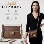 VOULEZVUE Clear Crossbody Purse for Women Stadium Approved 7.25" x 5.25" - Anti-Yellowing UV TPU Luxury Bag with Wallet Insert & 43" Chain Strap (Brown/Gold)