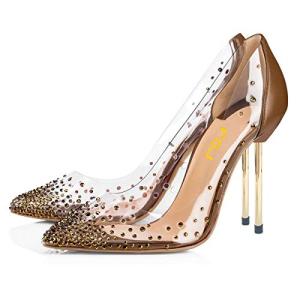 Studded Pointed Toe Transparent High Heels - Brown