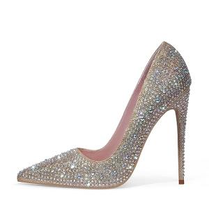 Gold Glitter High Heel Pumps with Rhinestones