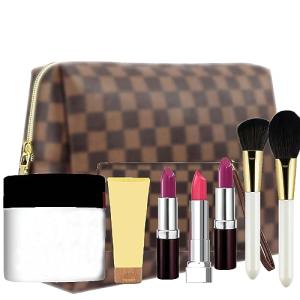 Chic Checkered Leather Makeup Bag Set