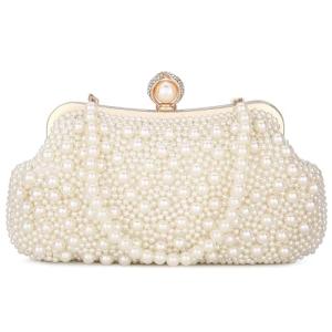 UBORSE Pearl Bead Evening Clutch Bag in Ivory